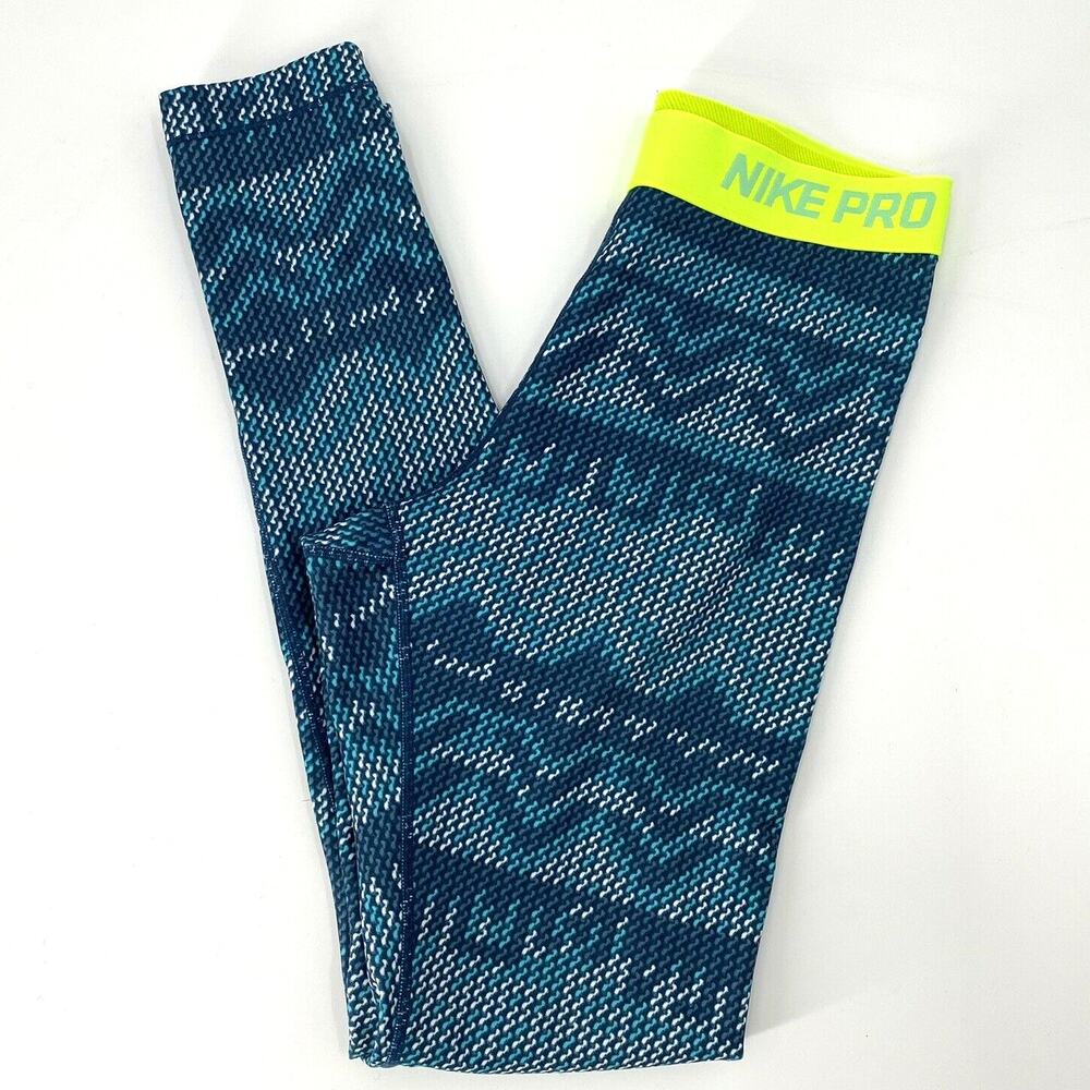 Nike Pro Women’s Hyperwarm Neon Yellow Blue Lined Training Leggings Size M